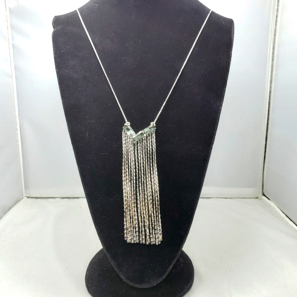 French connection silver fringe pendant necklace black diamond